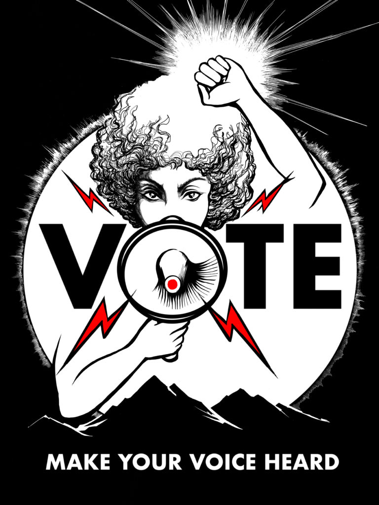 Woman megaphone, caption: VOTE Make Your Voice Heard