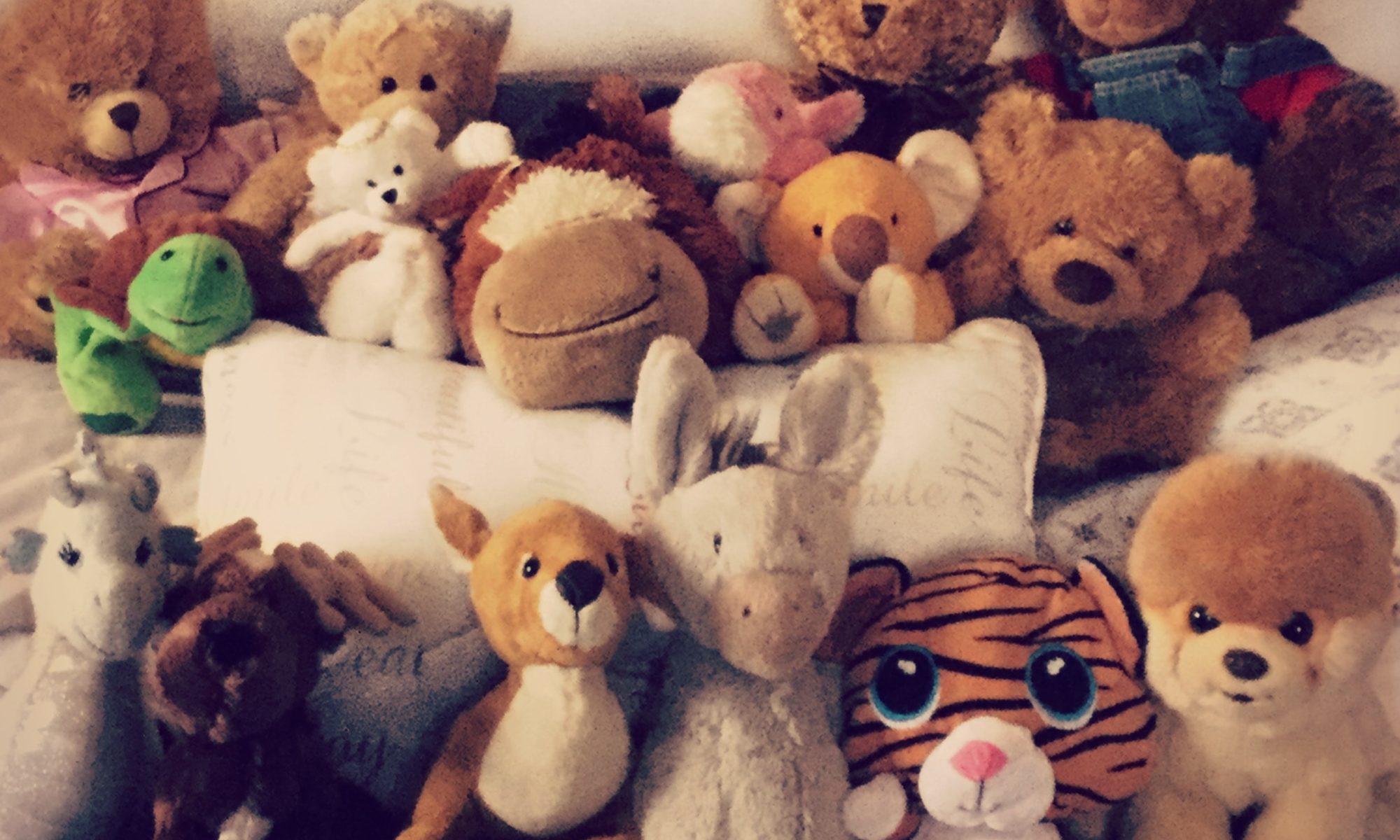 A collection of assorted stuffed animals sit of a bed facing the viewer, as if waiting patiently for play to begin.