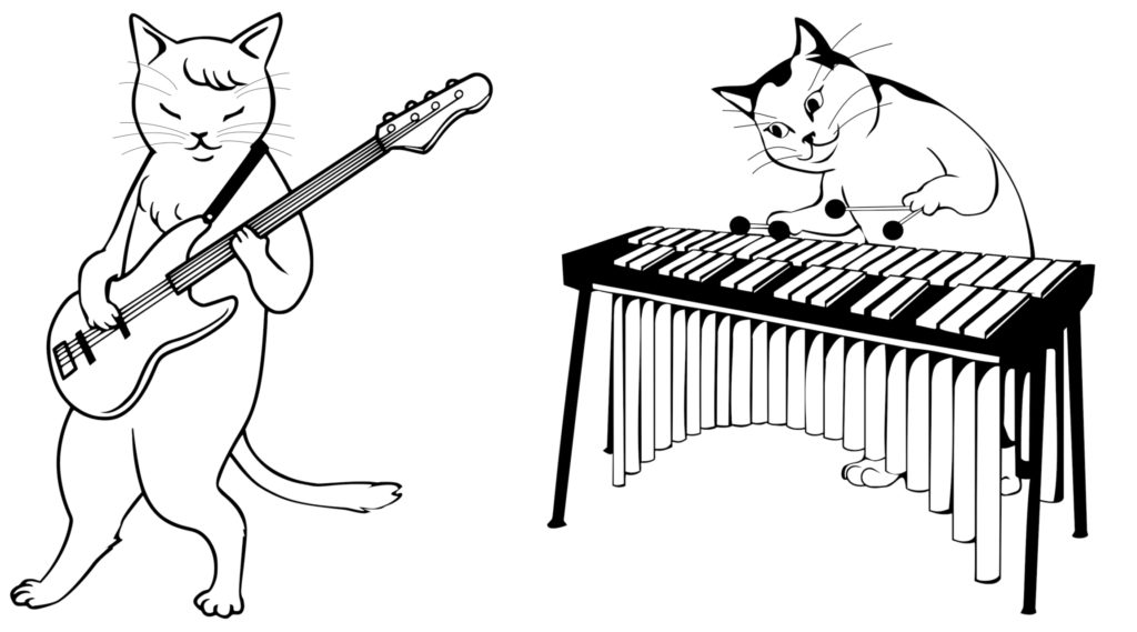 line art of a cat playing a bass guitar, and a cat playing a xylophone