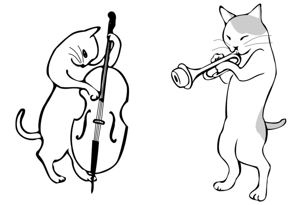 line art of a cat playing a bass cello, and a cat playing a muted trumpet