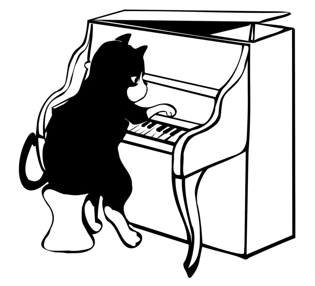 line art cat playing a piano